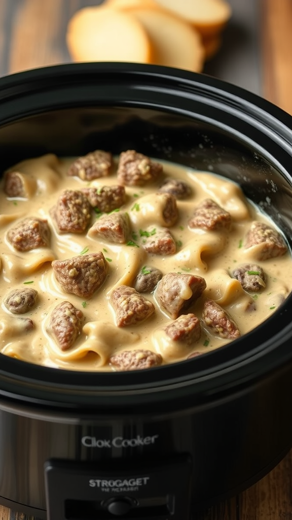 Creamy slow cooker Stroganoff with meat and noodles