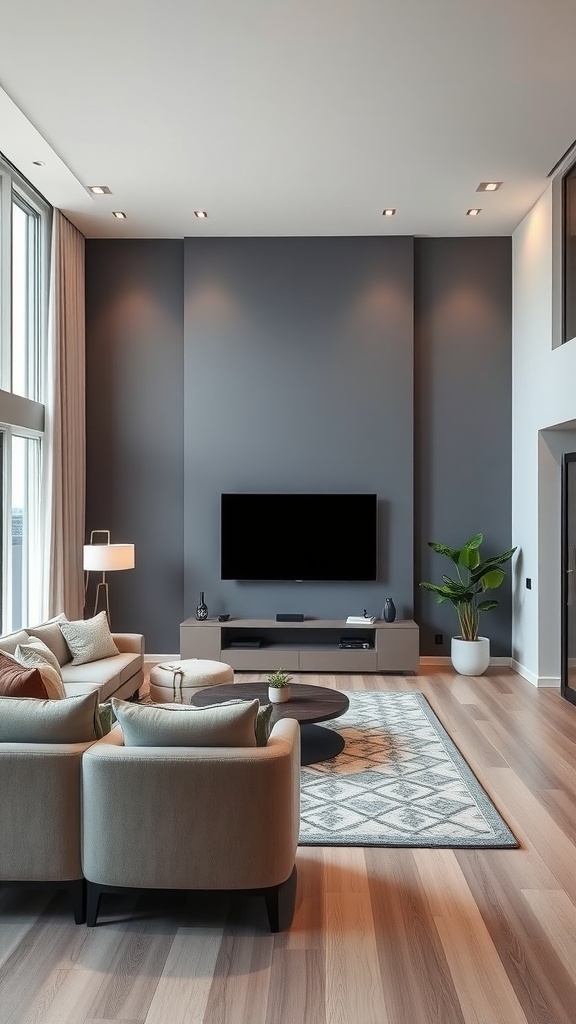 Luxurious living room with modern design, smart TV, and stylish furniture