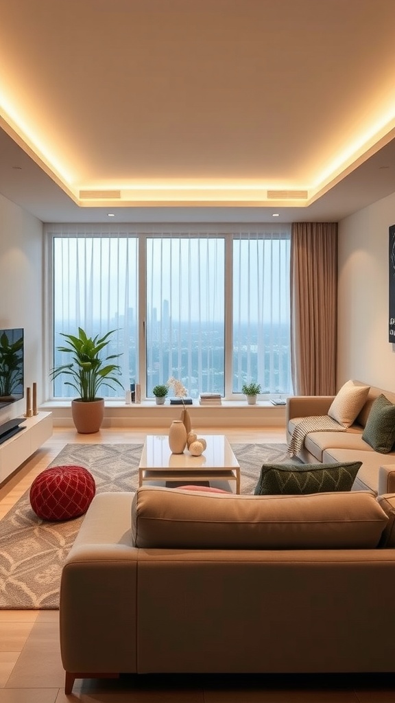 Modern living room with smart home features and a city view