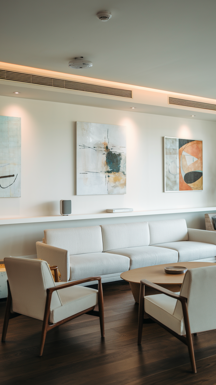 A modern living room featuring a minimalist design with smart home devices.