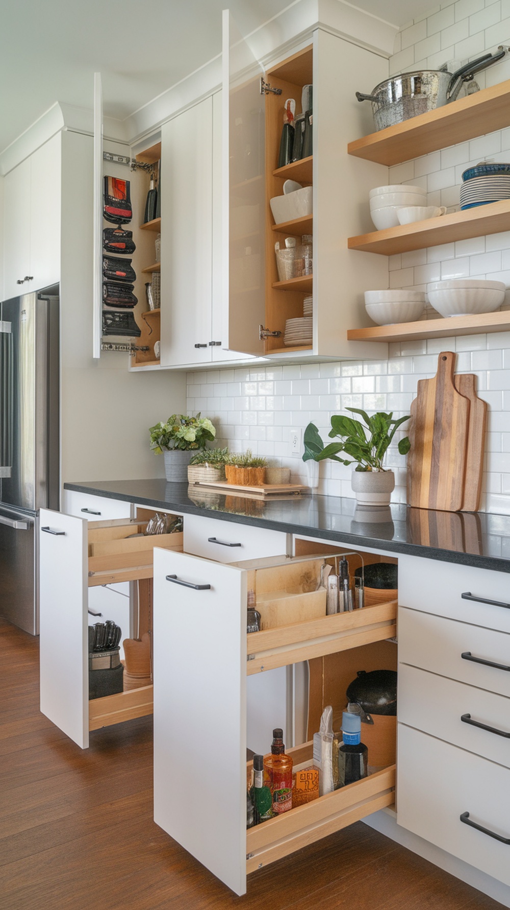 Stylish kitchen with modern cabinets featuring pull-out drawers and open shelves