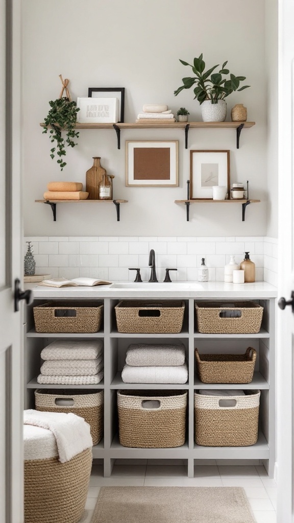 A stylish bathroom featuring smart storage solutions with open shelves and woven baskets.