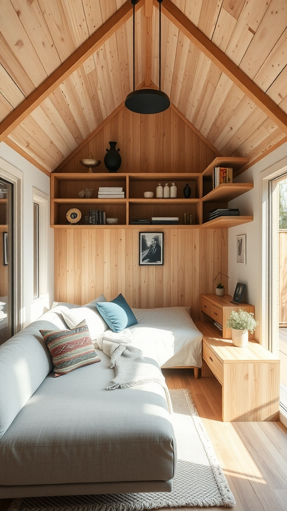Cozy living space with natural wood accents and smart storage solutions