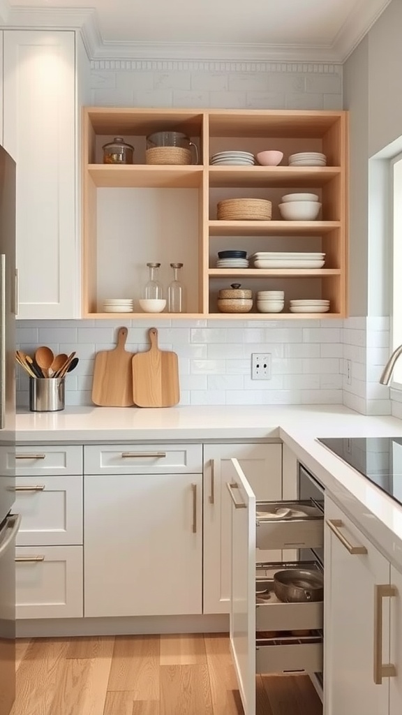 A modern kitchen with open shelves, organized plates, and drawers for storage.