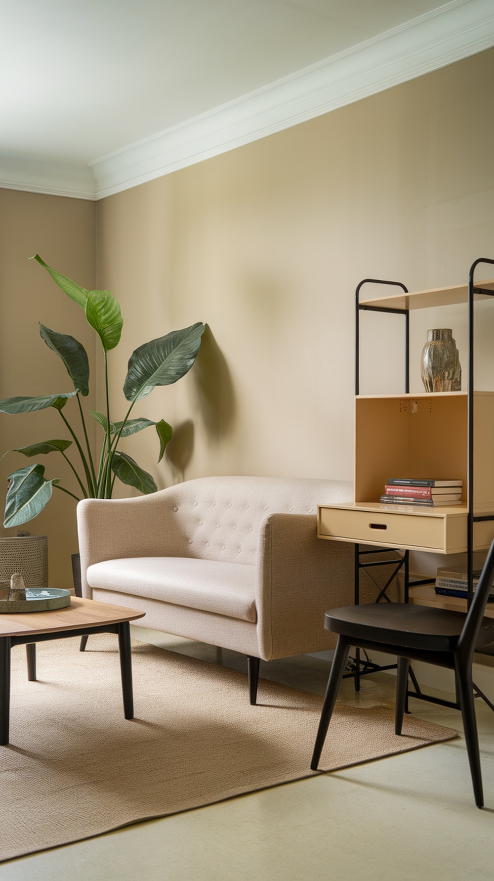 A cozy living room featuring a beige sofa, a modern shelving unit, and a large green plant.