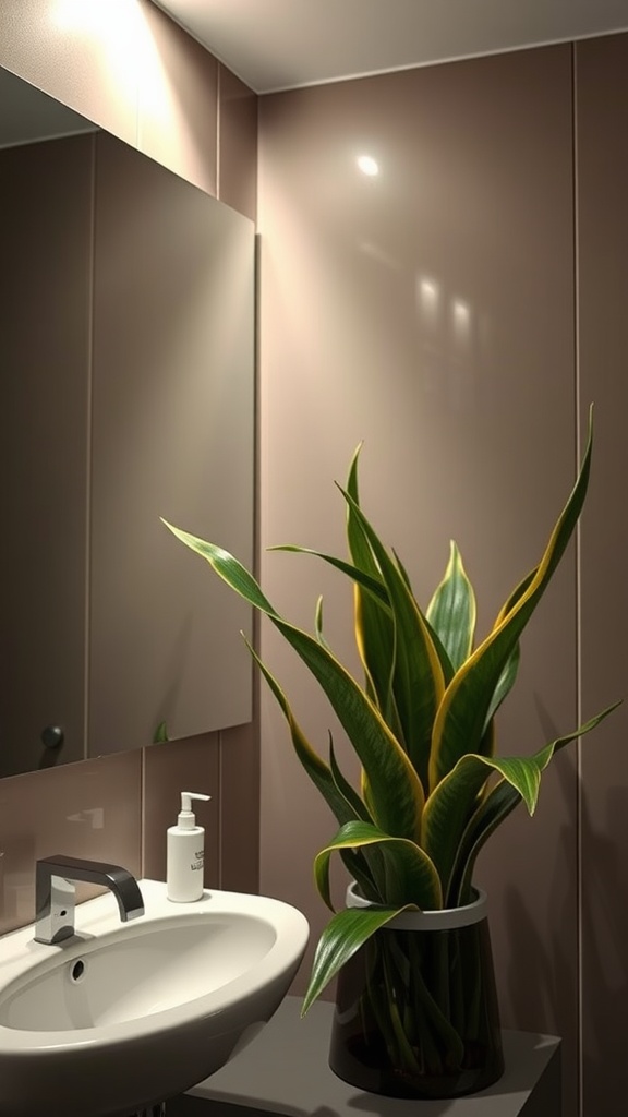 A snake plant in a modern bathroom setting next to a sink.