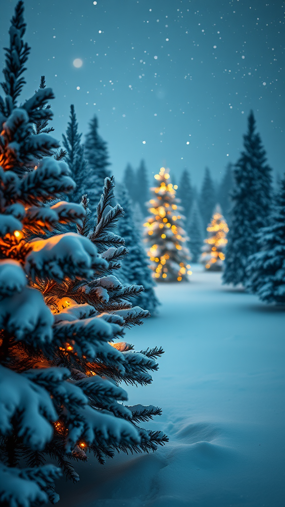 A snowy forest with trees illuminated by lights, creating a magical winter scene.