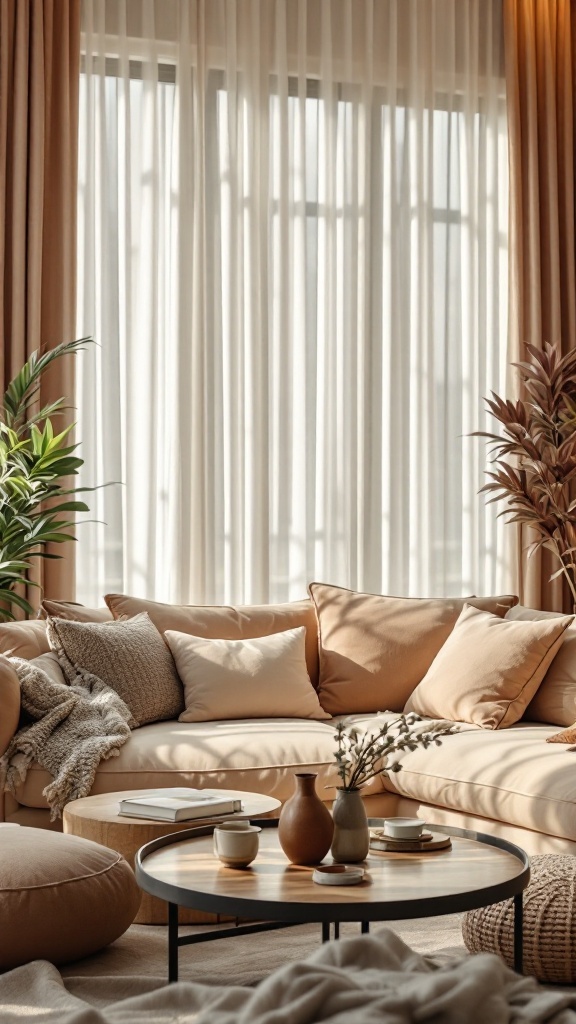 A cozy living room featuring soft beige fabrics, plush cushions, and a wooden coffee table with decorative items.