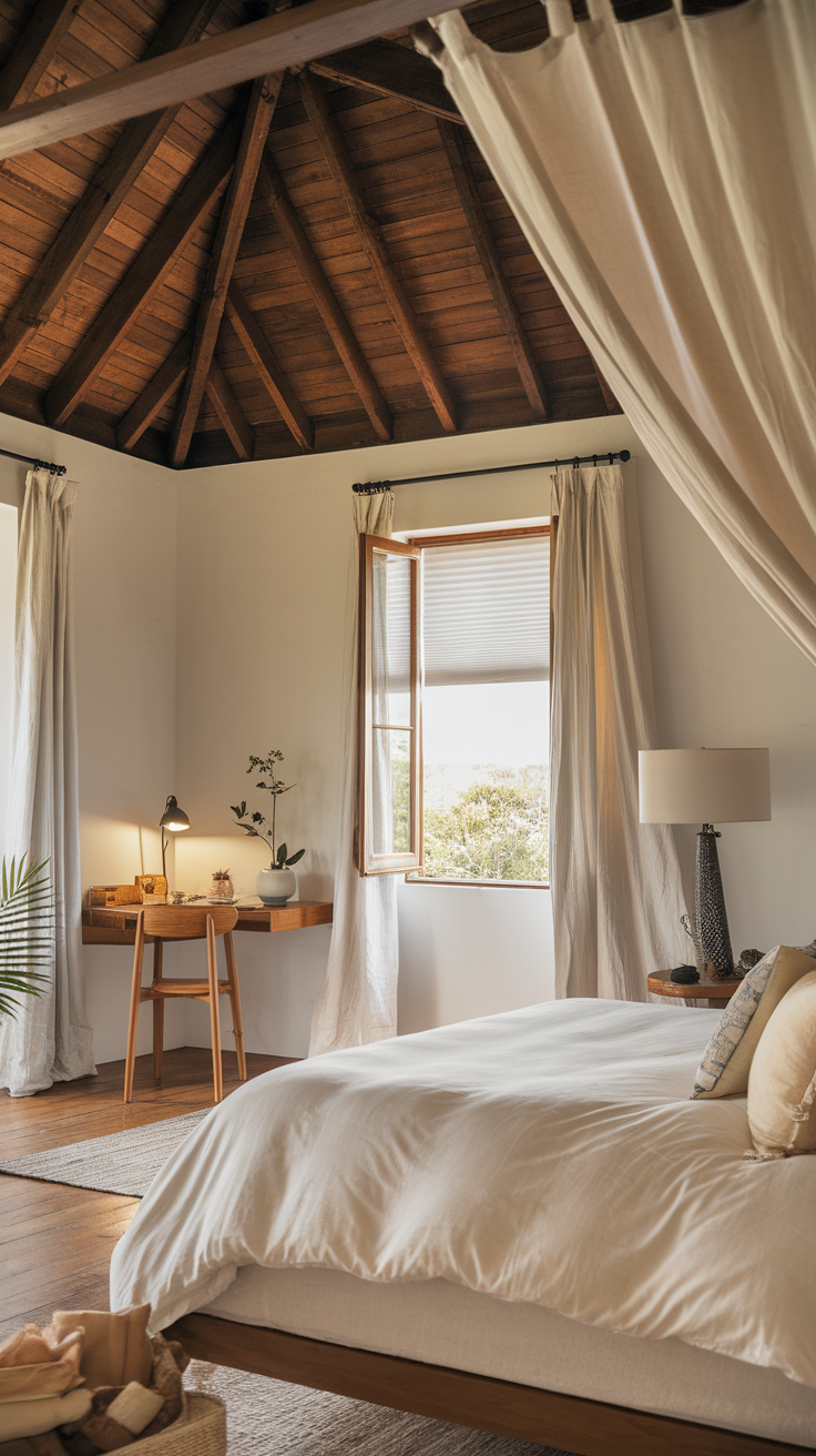 A cozy bedroom featuring soft linen curtains, a centered bed, and warm wooden accents.