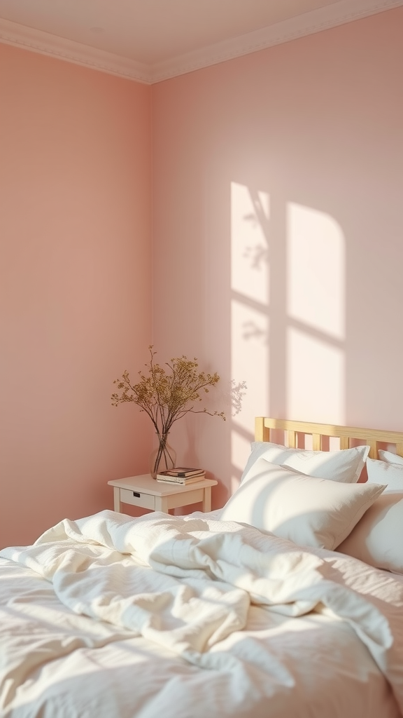 A cozy bedroom with soft pink walls, wooden bed frame, and natural decor.