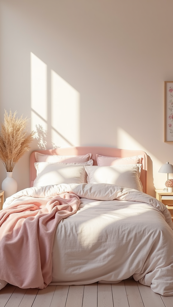 A cozy bedroom with a soft pastel color scheme, featuring a pink bed, fluffy pillows, and sunlight streaming through the windows.