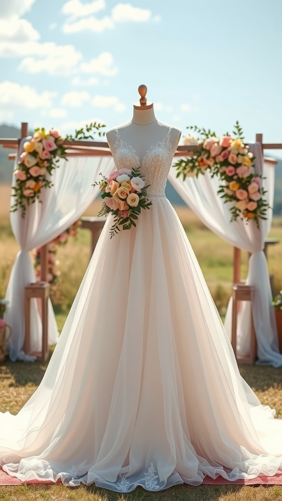 A soft pastel gown displayed on a mannequin, surrounded by floral decorations.