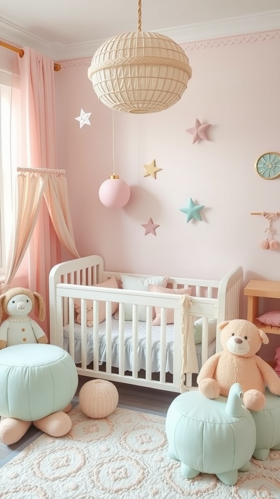 A pastel-themed nursery with a crib, plush toys, and soft decor