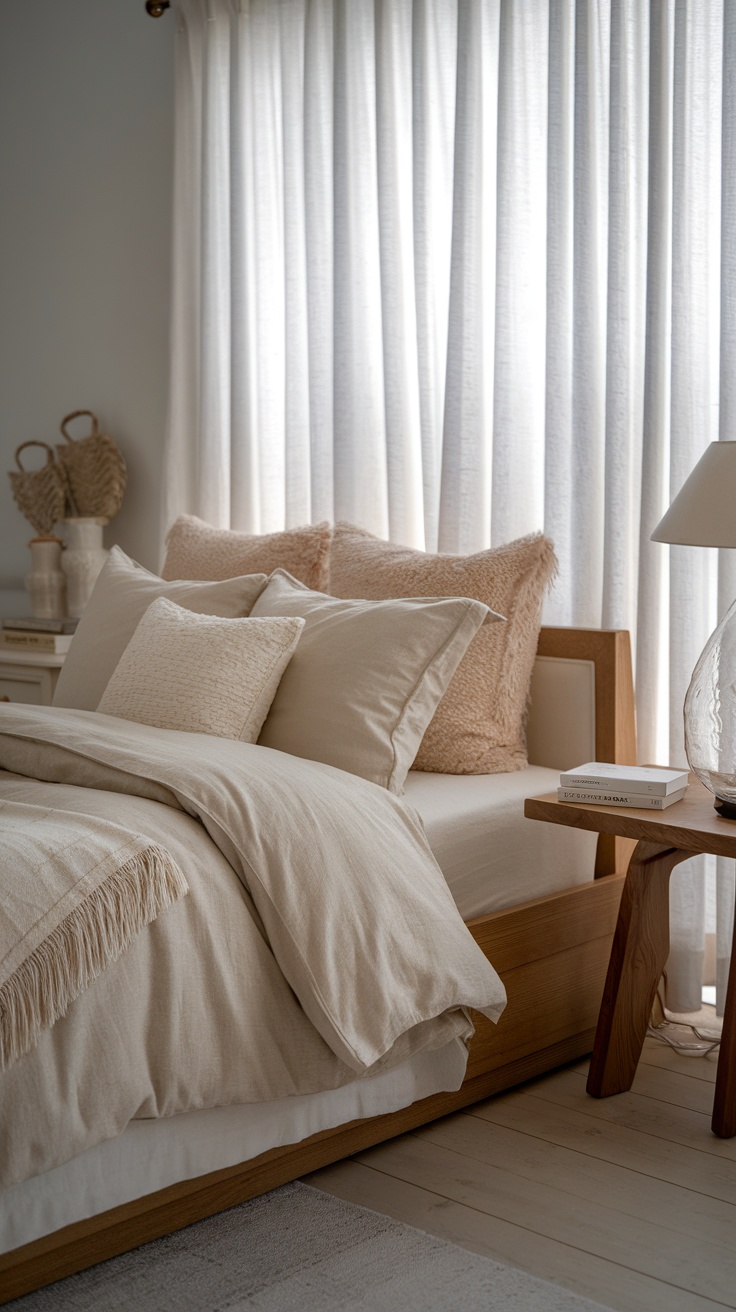 Cozy bedroom with soft textiles and warm bedding