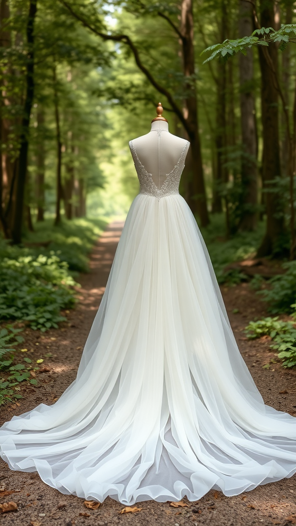 A beautiful wedding dress made of soft tulle, featuring a train and intricate back detail, displayed in a forest setting.