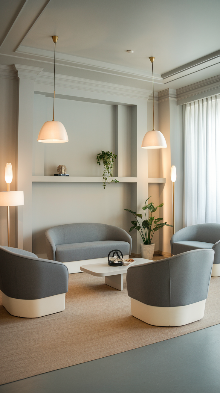 A modern living room with soft gray walls and stylish gray furniture.