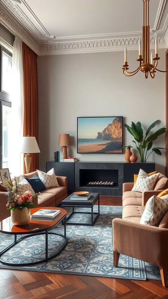 A sophisticated living room featuring warm color tones, elegant furniture, and decorative details.