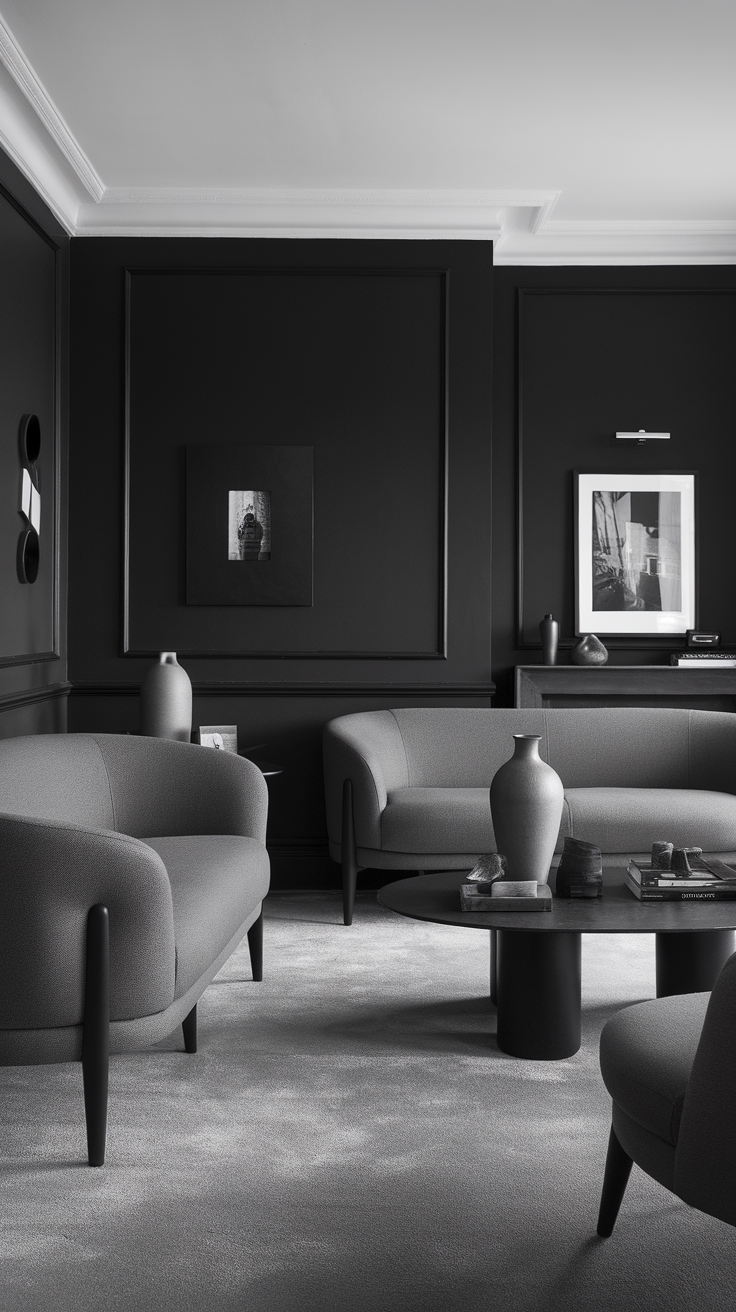 A modern monochrome living room featuring gray chairs, a round table, and art on the walls.