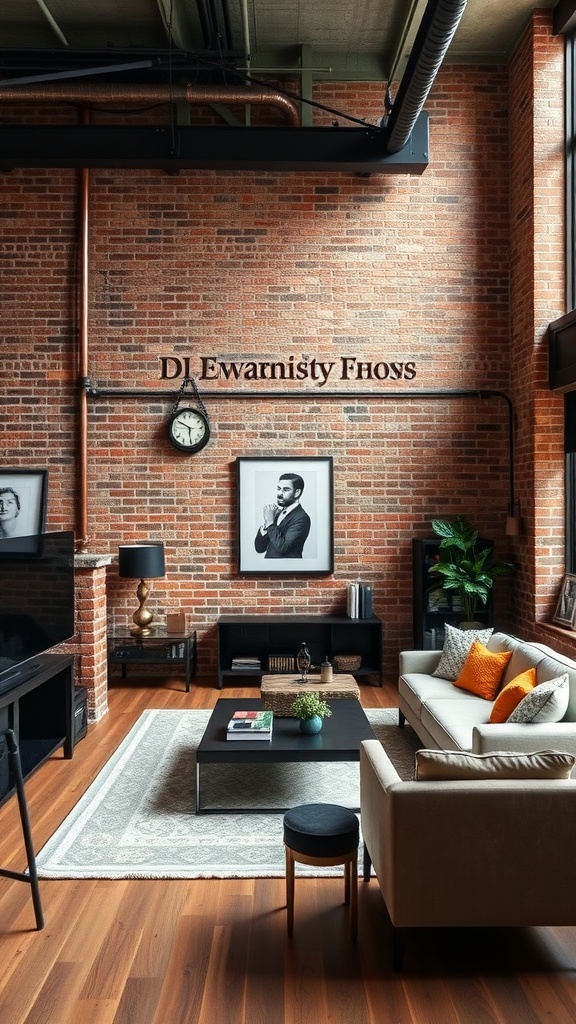 A cozy urban loft living room featuring exposed brick walls, modern furniture, and stylish decor.