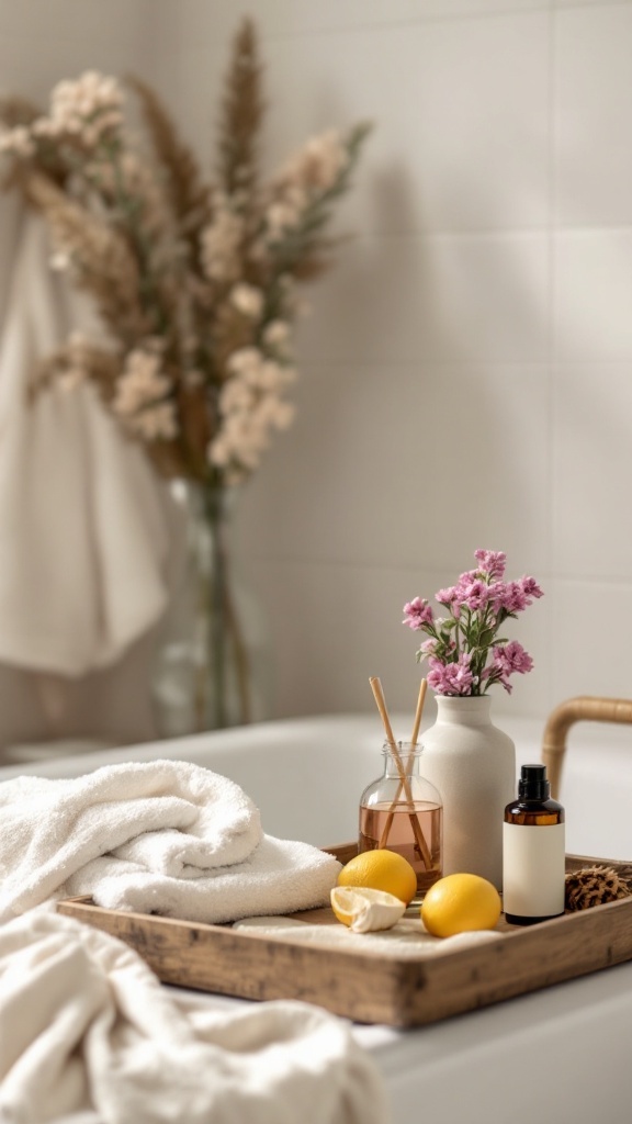 A wooden tray with towels, essential oil, flowers, and lemons in a serene bathroom setting