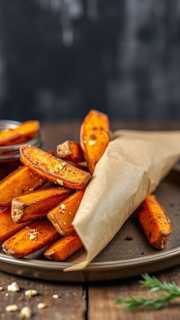 A plate of spiced air fryer sweet potato wedges served with a paper cone.