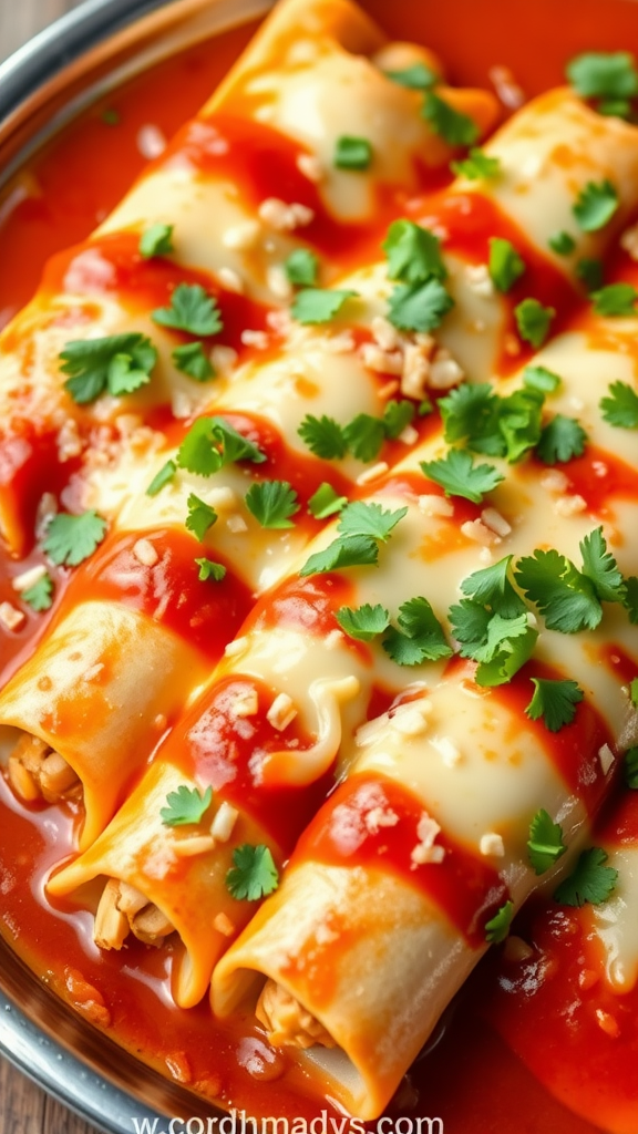 A plate of spicy chicken enchiladas topped with red sauce and garnished with cilantro.