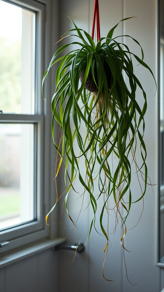 A spider plant hanging by a window, showcasing long, green leaves