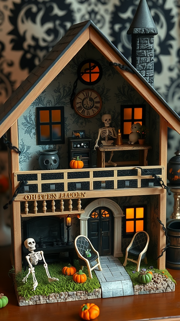 A spooky dollhouse decorated for Halloween with skeletons, pumpkins, and glowing windows.