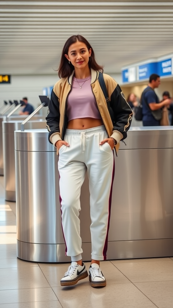 A young woman in a chic airport outfit featuring track pants, a cropped top, and a bomber jacket.