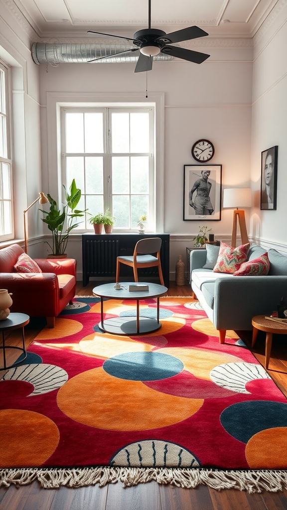 A colorful area rug with circular patterns in a stylish living room, featuring red and blue furniture and decorative plants.