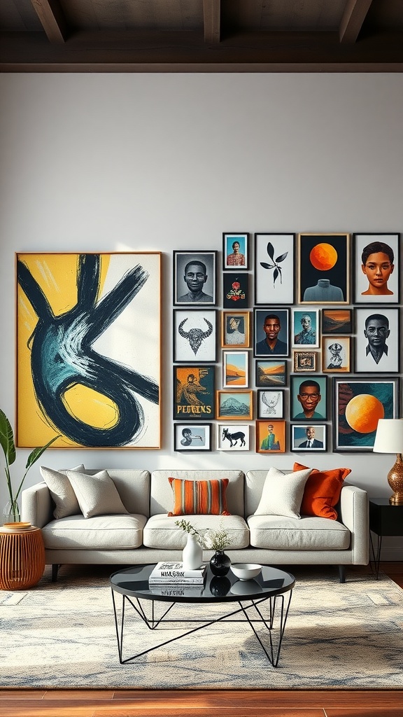 A living room featuring a stylish sofa and a gallery wall of various artworks.