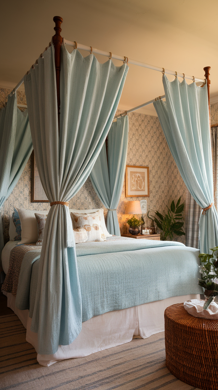 A cozy bedroom featuring a canopy bed with light blue draped fabric, decorated with stylish throw pillows and soft bedding.