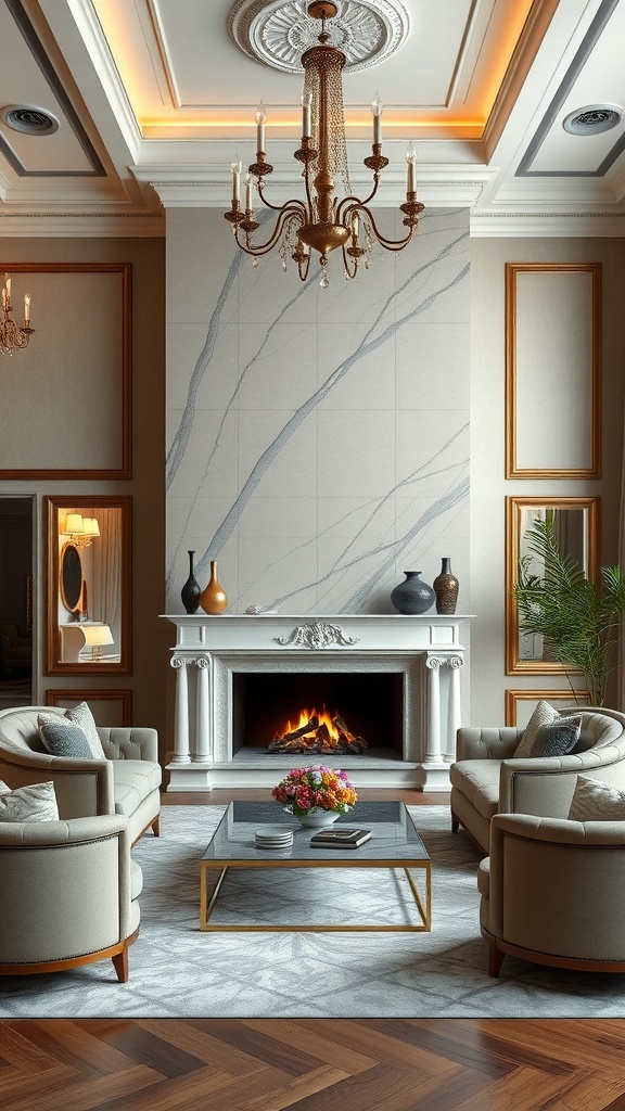Luxurious living room featuring a statement fireplace with an elegant marble surround, plush seating, and stylish decor.