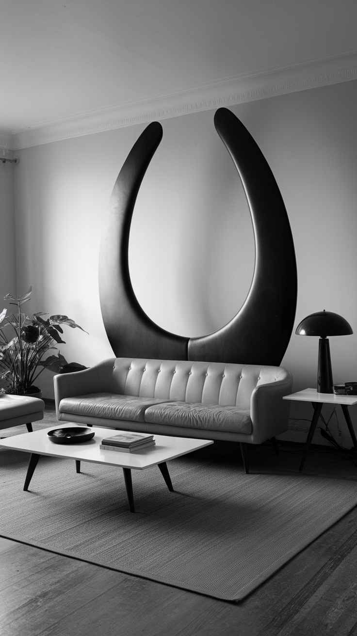 A modern black and white living room featuring a large sculptural wall piece, a sleek couch, and stylish coffee table.