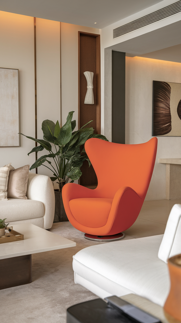 A bright orange statement chair in a modern living room setting.