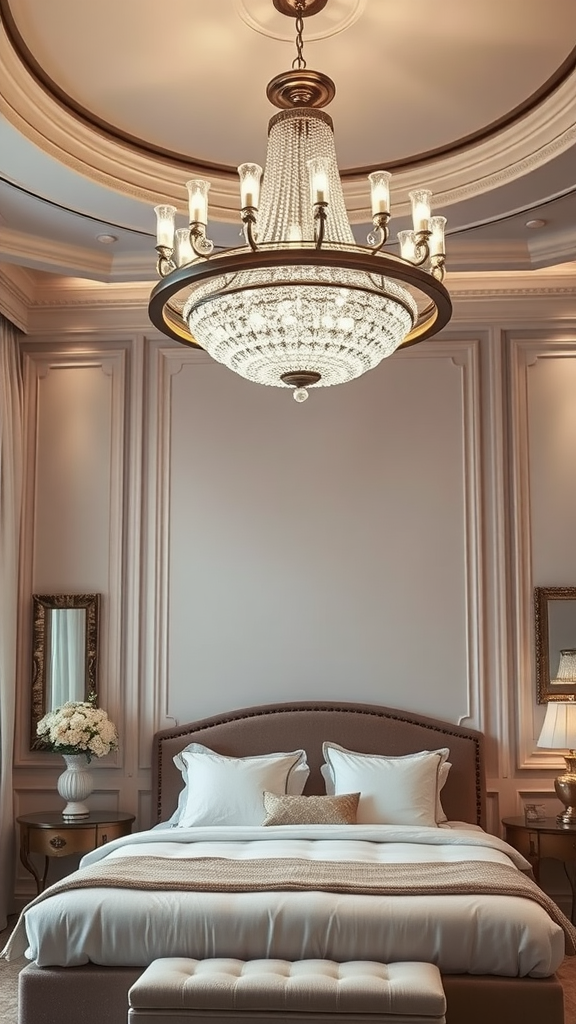 A beautifully decorated master bedroom featuring a stunning chandelier, Pottery Barn bedding, and elegant decor.