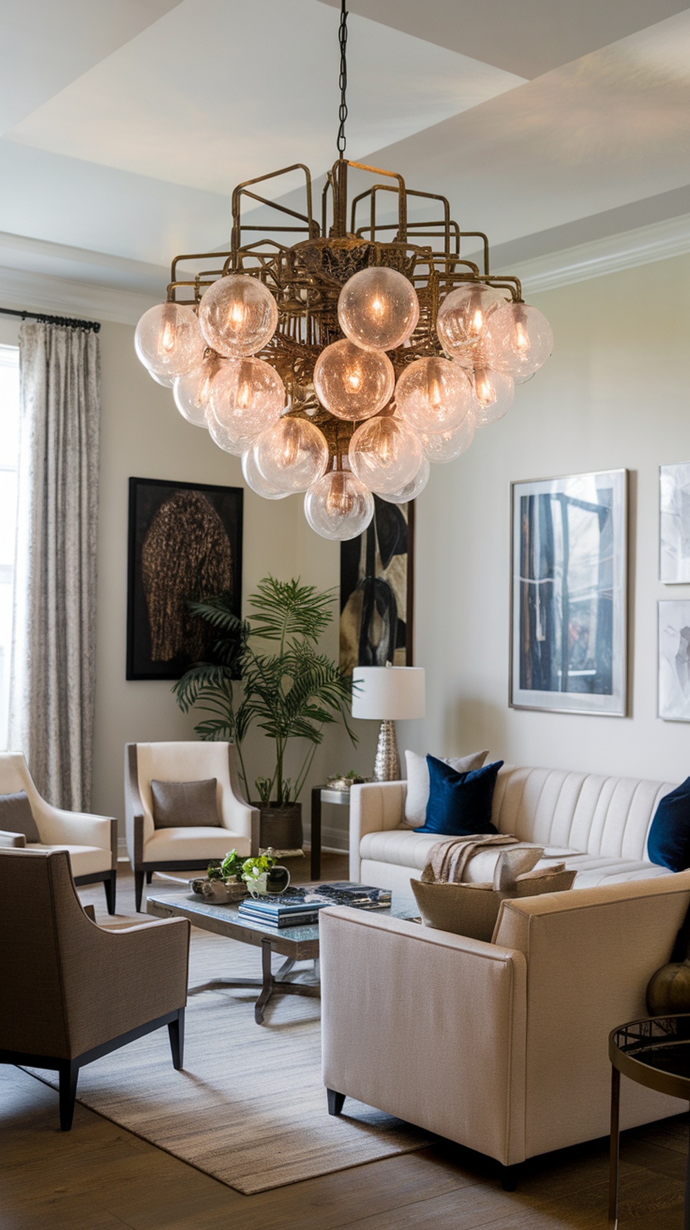 A stylish chandelier with large glass bulbs hanging over a cozy transitional living room setup.