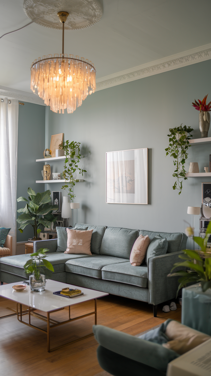 A cozy living room featuring a stunning chandelier, soft colored furniture, and decorative plants.