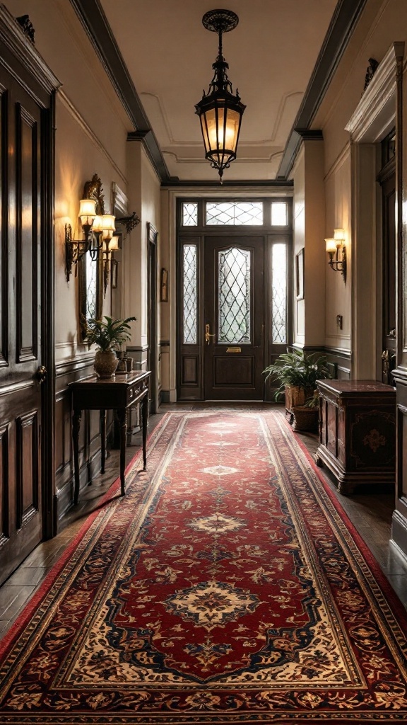 A Victorian hallway featuring a red and gold patterned rug, elegant lighting, and classic architecture.