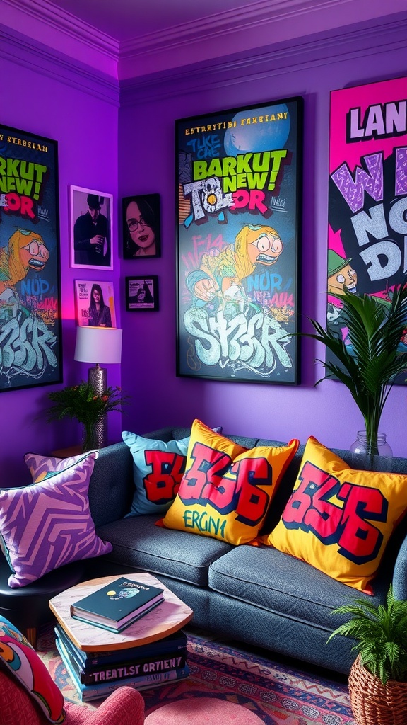 A vibrant living area with street art posters, colorful cushions, and plants, showcasing a street-style aesthetic.
