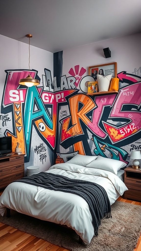 A bedroom featuring a colorful street art mural on one wall, with a cozy bed and simple furniture.