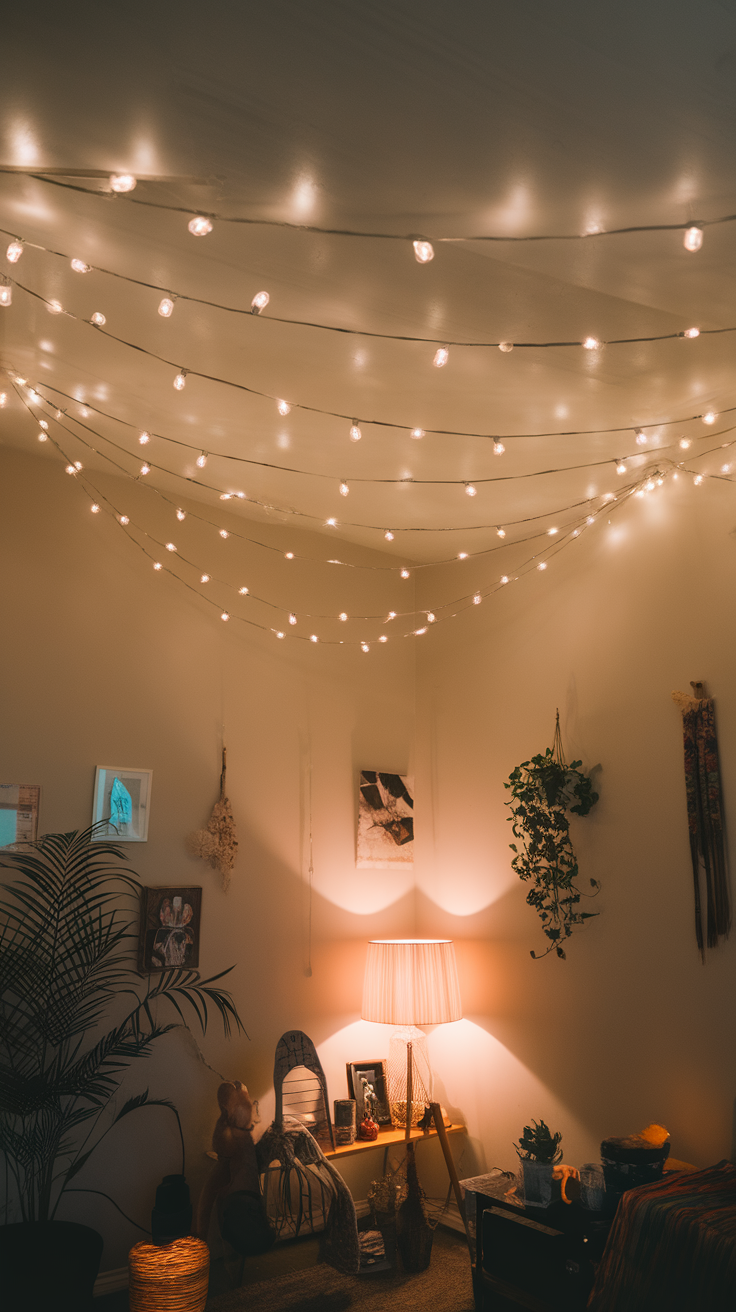 A cozy room with string lights hanging from the ceiling, creating a warm atmosphere.