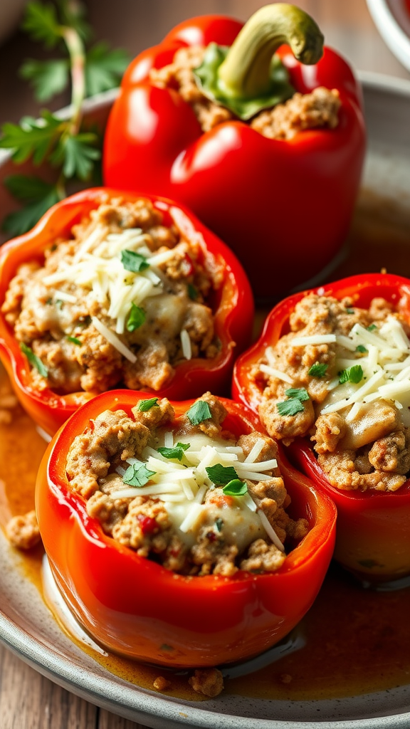 Stuffed red peppers filled with ground beef and topped with cheese, served on a plate.