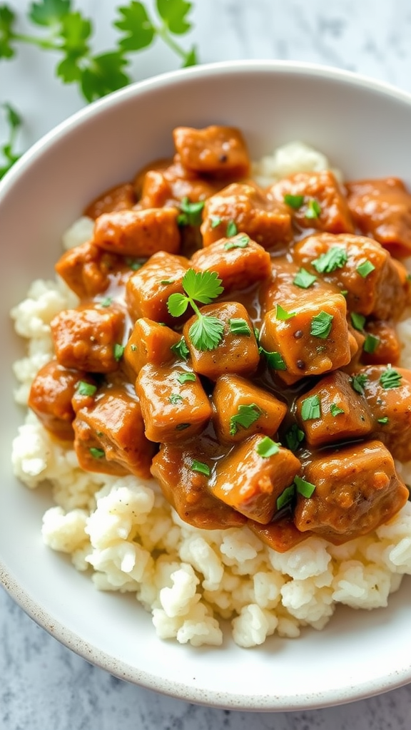 A bowl of Stroganoff with Cauliflower Rice topped with fresh herbs.