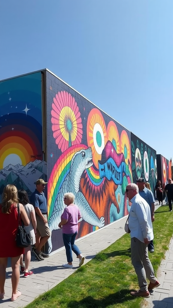 People strolling by colorful murals on the East Side Gallery in Berlin.