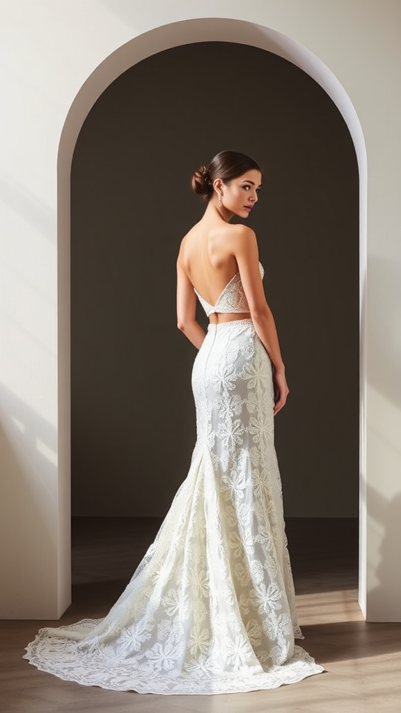 A model showcasing a stunning two-piece bridal gown with intricate lace detailing.