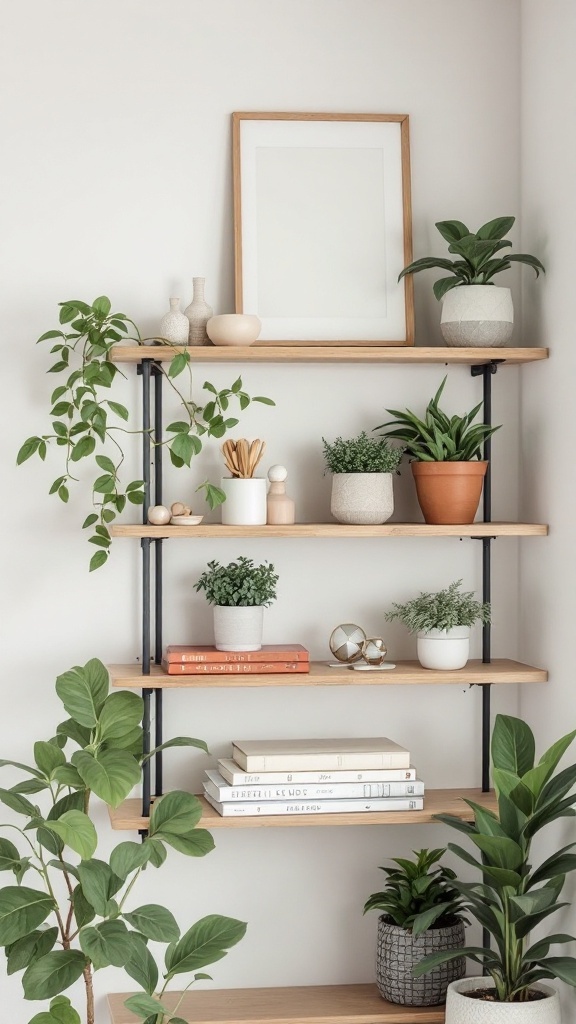 A stylish corner shelf featuring plants, books, and decor items, showcasing an aesthetic furniture design.