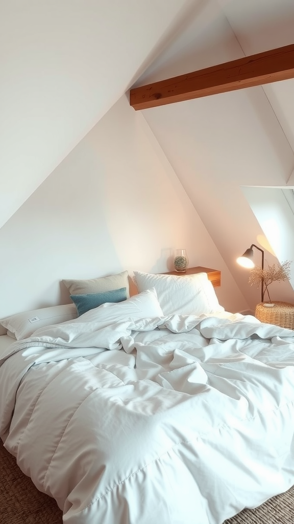 Cozy bedroom with slanted walls and fluffy bedding