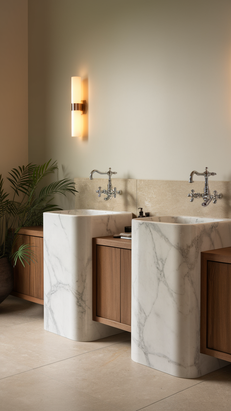 Stylish double sinks in a modern bathroom featuring marble surfaces and wooden cabinetry