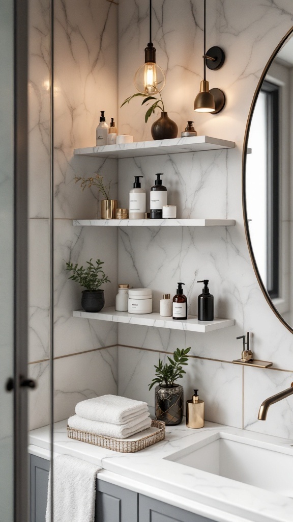A modern luxury bathroom featuring stylish marble shelving, elegant lighting, and neatly arranged toiletries.
